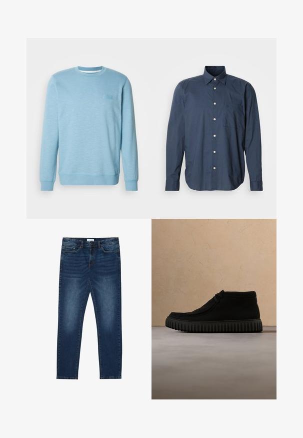 Sweatshirt bleu clair en mélange de coton, avec un col rond, des manches longues, des poignets côtelés et un motif texturé subtil.; Chemise bleu marine à manches longues, à motif à petits carreaux, avec une poche poitrine unique et des boutons blancs sur fond uni.; Jean slim-fit bleu foncé avec des détails délavés, design classique à cinq poches, fermeture à bouton et passants de ceinture.; Bottes de cheville noires en matériau doux, avec un bout rond, un lacet minimal, et une semelle en caoutchouc texturée comportant des rainures verticales.