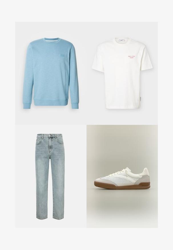 Sweatshirt bleu clair en mélange de coton, avec un col rond, des manches longues, des poignets côtelés et un motif texturé subtil.; T-shirt blanc à manches courtes et col rond avec un petit texte rouge "Marc O’Polo Denim" sur la partie supérieure gauche de la poitrine.; Jean bleu clair taille haute à jambes droites avec bouton et fermeture éclair à l'avant, passants pour ceinture, poches avant et arrière sur fond blanc.; Baskets basses blanches et gris clair avec panneaux en maille et en daim, lacets blancs et semelle en caoutchouc marron sur un fond neutre.