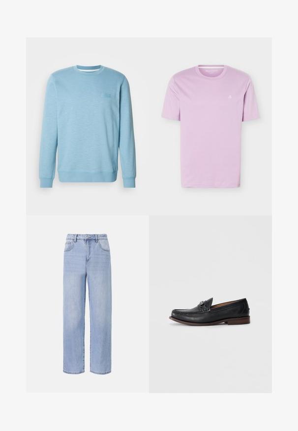 Sweatshirt bleu clair en mélange de coton, avec un col rond, des manches longues, des poignets côtelés et un motif texturé subtil.; T-shirt mauve clair à manches courtes avec col rond et petit logo blanc "M OP" sur le côté gauche de la poitrine, présenté sur un fond blanc.; Jean en denim bleu clair avec une coupe décontractée et des jambes larges. Les caractéristiques incluent cinq poches, une fermeture à bouton à l'avant et une décoloration subtile.; Mocassins en cuir noir avec un bout arrondi, des détails décoratifs à l'avant et une semelle en cuir brun contrastante. Texture lisse et design à enfiler.
