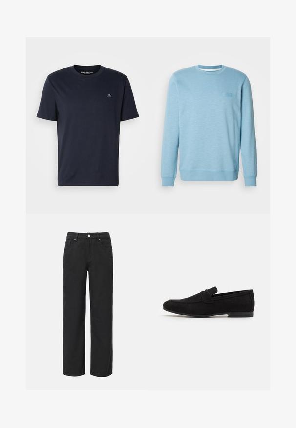 Lys blå sweatshirt lavet af blanding af bomuld, med rund hals, lange ærmer, ribbede manchetter og et subtilt tekstureret mønster.; Mørkeblå bomulds t-shirt med korte ærmer, rund halsudskæring og lille broderet logo på brystet. Glat tekstur, afslappet design.; Sorte bukser med vid ben, lavet af bomuld, med fire lommer, frontlukning med knap og et klassisk denimdesign. Glat tekstur, ingen synlige mønstre.; Sorte ruskindsloafer med en syet søm, flad gummisål og en lille forflap. Designet er minimalistisk og strømlinet.