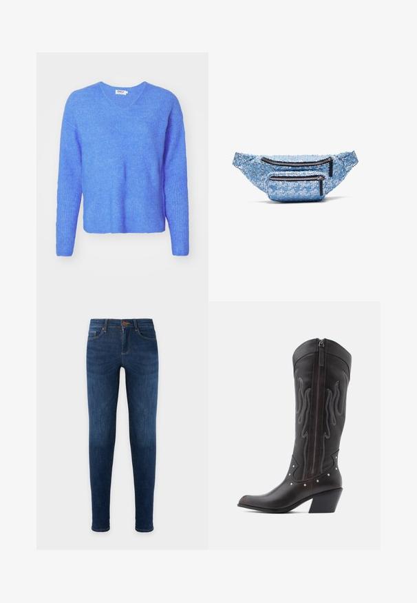 Pull en tricot côtelé bleu avec un col en V, des manches longues et une coupe décontractée. Fabriqué à partir d'un matériau doux et texturé. L'étiquette indique "ONLY."; Jean skinny bleu foncé à cinq poches, fermeture à bouton et délavage minimal sur les cuisses, présenté sur un fond uni.; Bottes de cowboy en cuir marron avec surpiqûres en forme de flammes, fermeture éclair latérale, clous argentés, bout pointu et talon superposé.; Sac banane bleu pailleté avec deux compartiments zippés, présentant une surface texturée, des zips noirs et une taille ajustable.