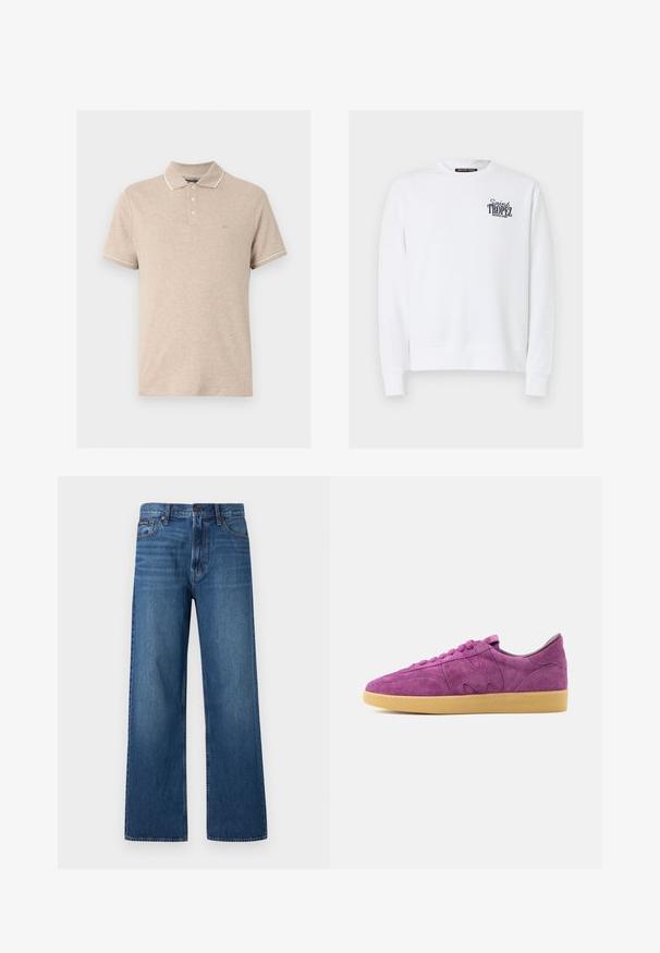 Sweat-shirt blanc à manches longues avec col rond, avec le texte noir « Saint Tropez Michael Kors » sur la poitrine gauche.; Polo beige manches courtes avec trois boutons, bordure blanche sur le col et les bords des manches, et petit logo "MK" sur la poitrine gauche.; Jean bleu à taille haute et coupe droite, avec bouton et fermeture éclair à l'avant, cinq poches, et un petit patch de marque sur la poche droite.; Baskets en daim violet avec semelle en gomme, design à basse hauteur, bout arrondi et lacets sur fond blanc uni.