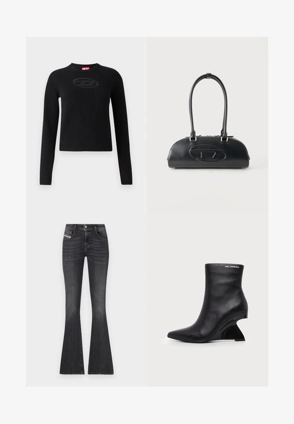 Suéter negro de tejido de punto, con cuello redondo, mangas largas y un logotipo ovalado texturizado en el centro.; Jeans de denim gris oscuro con corte acampanado, cintura alta, diseño de cinco bolsillos, herrajes plateados y un desvanecimiento sutil. Presenta una etiqueta de marca en el lateral.; Botín negro de cuero con tacón curvado y esculpido y logo de Karl Lagerfeld cerca del borde superior sobre un fondo blanco.; Bolso de cuero negro con asas largas dobles y logo ovalado en relieve en la parte delantera, mostrado sobre un fondo claro y liso.