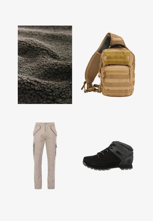 Dunkelgrauer, strukturierter Stoff mit einer weichen, flauschigen Oberfläche, der ein wellenförmiges Muster und ein plüschiges Aussehen aufweist, geeignet für Wärme und Komfort.; Beige Cargo-Hosen aus strapazierfähigem Material, mit mehreren Seitentaschen, geradem Bein-Design und sichtbaren Nähakzenten.; Schwarze Wanderschuhe mit grauen synthetischen Akzenten, gepolstertem Kragen und Schnürdesign. Texturiertes Obermaterial mit Logodetail an der Seite.; Taktischer Rucksack in Tan mit mehreren Taschen, Gurtbändern, gepolstertem Mesh-Rücken, Reißverschlüssen und verstärkten Nähten für Langlebigkeit.