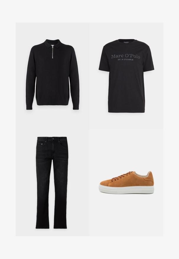 Zwarte pullover trui met een ritskraag, lange mouwen, ribgebreide manchetten en zoom, gemaakt van een zachte, gladde stof.; Zwarte katoenen T-shirt met ronde hals en korte mouwen. Op de voorkant staat "Marc O'Polo" en "EST. IN STOCKHOLM" in contrasterende print.; Zwarte straight-leg jeans met voor- en achterzakken, knoop- en ritssluiting, plat neergelegd op een lichte achtergrond. Geen zichtbare slijtage of merklogo.; Tanm kleurige suède casual schoenen met bruine veters, een witte rubberen zool, een ronde neus en een minimalistisch ontwerp met een gestructureerde hakaccent.