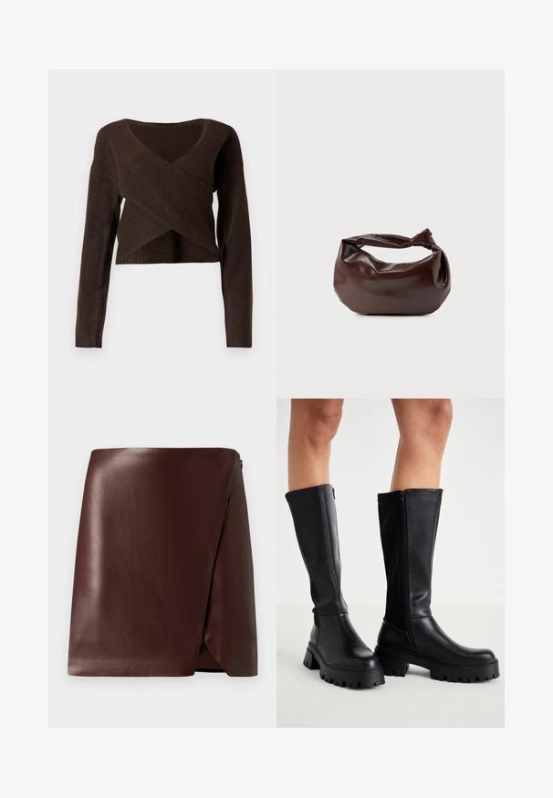 Brun cropped sweater lavet af blødt materiale, med en dyb V-halsudskæring, lange ærmer og et overlappende design foran.; Brun læder indpakningsskirt med en glat tekstur, asymmetrisk kant og lynlås i siden. Minimalistisk design uden mønstre eller accenter.; Sorte knæhøje støvler lavet af glat kunstlæder med en kraftig sål, lynlås i siden og design med rund tå.; Mørkebrun læder skuldertaske med en blød, afslappet form og et snoet knudehåndtag på en ensartet hvid baggrund.