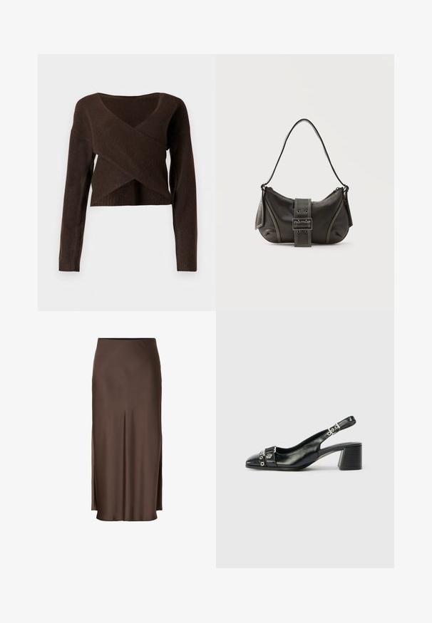Brun cropped sweater lavet af blødt materiale, med en dyb V-halsudskæring, lange ærmer og et overlappende design foran.; Brun satin nederdel med et lige design, der har sideslids for let bevægelse og en glat tekstur gennem stoffet.; Sorte læder slingback hæl med spids tå, tekstureret rem med cirkulære metalliske accenter, og en stablet blokhæl.; Sort læder skuldertaske med spænde på remmen, afrundede kanter og kontrasterende hvide syninger på en ensfarvet baggrund.