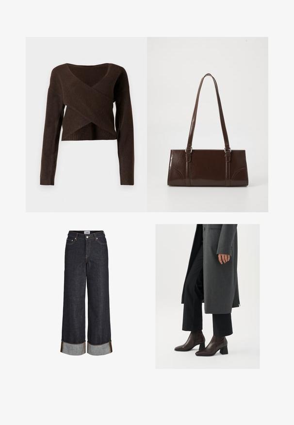 Bruine cropped trui van zacht materiaal, met een diepe V-hals, lange mouwen en een overlappend ontwerp aan de voorkant.; Donkerblauwe wijde jeans met omgeslagen zomen, vijf zakken en contrasterend gele stiksels.; Hogehakige enkellaarsjes van donkerbruin leer met een spitse neus en blokhak, gecombineerd met zwarte broeken en een grijze jas.; Bruine lakleren handtas met een rechthoekige vorm, twee lange handvatten en subtiele gebogen accenten aan de voorkant.