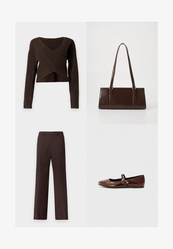 Pull court marron en matériau doux, avec un décolleté en V profond, des manches longues et un design en superposition à l'avant.; Pantalon marron à jambes larges avec une texture lisse, doté d'une fermeture à boutons, de poches avant et d'une coupe ajustée sans motifs visibles.; Ballerine en cuir verni marron avec un bout carré et une lanière ornée d'une petite boucle dorée. Texture lisse, talon bas et design minimaliste.; Sac à main en cuir verni marron de forme rectangulaire, avec deux longues poignées et des accents courbés subtils à l'avant.