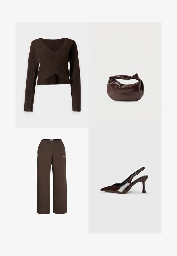 Bruine cropped trui van zacht materiaal, met een diepe V-hals, lange mouwen en een overlappend ontwerp aan de voorkant.; Bruine sweatpants met wijde pijpen, elastische tailleband en een klein wit tekstlogo op het bovenbeen, tegen een witte achtergrond.; Bruine gepatineerde leren slingback pumps met een spitse neus, een dunne hak en een verstelbaar bandje met een kleine gesp.; Donkerbruine leren schoudertas met een zachte, slungelige vorm en een gedraaide knoopvormige handgreep op een effen witte achtergrond.