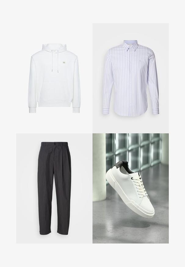 Hvid hættetrøje med frontlomme og snore, med en lille Calvin Klein-logo på brystet.; Calvin Klein SLIM FIT - Skjorter - inkwell; Mørkegrå lige bukser med bæltestropper, frontknaplukning og sidelommer på en lys ensfarvet baggrund.; Hvid lav tå-sneaker med sort struktureret hælfane, hvide snørebånd og tyk sål på en poleret betongulv nær glasblokke.