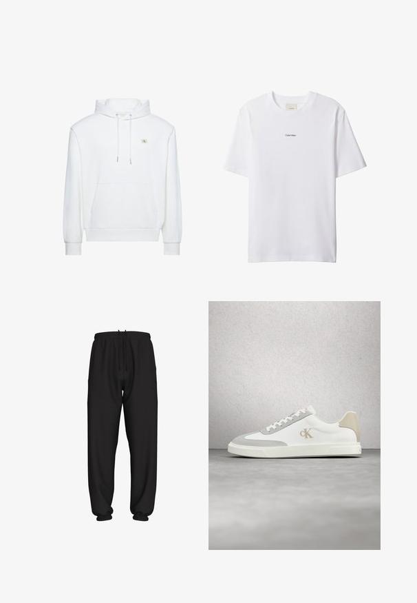 Sweat à capuche blanc avec poche avant et cordons, avec un petit logo Calvin Klein sur la poitrine.; T-shirt blanc en coton avec un col rond et des manches courtes. Présente un petit logo noir "Calvin Klein" centré sur la poitrine.; Pantalon de jogging noir coupe ample avec taille et poignets élastiques, doté d'un cordon de serrage réglable à la taille.; Baskets blanches Calvin Klein avec accents en daim beige et logo, flottant au-dessus d'un sol gris lisse avec un mur en blocs de verre en arrière-plan.