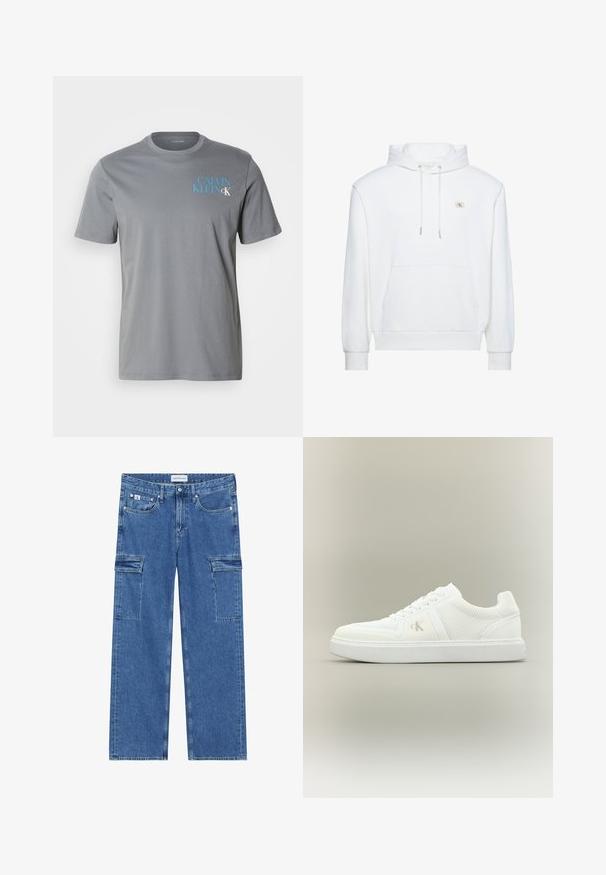 Hvid hættetrøje med frontlomme og snore, med en lille Calvin Klein-logo på brystet.; Grå bomulds t-shirt med rund hals, korte ærmer, med blå "CALVIN KLEIN" tekst trykt på venstre side. Glat tekstur.; Denim cargo bukser i mellemblå, med brede ben, to sidelommer med klap og diskrete stikninger. Calvin Klein Jeans mærket synligt.; Hvid lavtopsneaker med snørebånd, teksturerede stofsider og subtilt "ck"-logo på ydersiden, placeret på en enkel neutral baggrund.