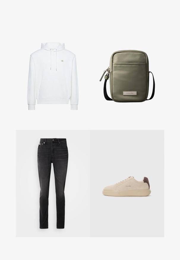Weißer Hoodie mit Fronttasche und Kordelzug, mit einem kleinen Calvin Klein-Logo auf der Brust.; Schwarze Jeans aus Denim mit schmaler Passform, fünf Taschen und Knopfverschluss. Mit einem subtilen Verblassen und Nähakzenten an den Taschen.; Beige Wildleder-Sneaker mit runder Spitze, Schnürung vorne und einem braunen Wildlederakzent an der Ferse. Verfügt über eine strukturierte Gummisohle.; Kompakte olivgrüne Umhängetasche mit Vordertasche, schwarzem verstellbarem Riemen, Reißverschluss und Calvin Klein Logo-Plakette.
