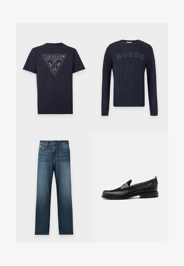 Pulover bleumarin tricotat cu model în relief, cu manșete și tiv striate, având textul „GUESS” brodat pe piept.; Tricou negru cu mâneci scurte, cu un logo Guess triunghiular mare cusut, care include un semn de întrebare și textul „U.S.A. Washed Jeans” pe față.; Blugi albastru închis cu croială dreaptă, design cu cinci buzunare și decolorare subtilă. Confecționați din material denim cu detalii clasice de cusături.; Mocasini negri din piele cu detaliu de curea gri, toc jos și talpă texturată, marcați cu "HUGO" auriu pe lateral.