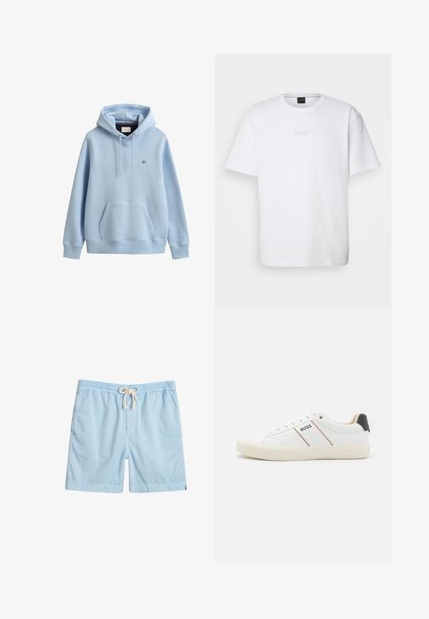 Sudadera con capucha azul claro con bolsillo frontal tipo canguro, capucha con cordón ajustable, puños y dobladillo acanalados y pequeño logo bordado en el pecho.; Camiseta de algodón blanca de manga corta, con escote redondo y logotipo grabado de "BOSS" en el pecho. Textura suave, ajuste estándar.; Bañador azul claro de tejido suave, con cintura elástica, bolsillos frontales y cordón de ajuste para mayor comodidad.; Zapatillas blancas con una suela de goma texturizada, parte superior sintética lisa, acento negro en el talón y dos rayas marrones. Logo "BOSS" en el costado.