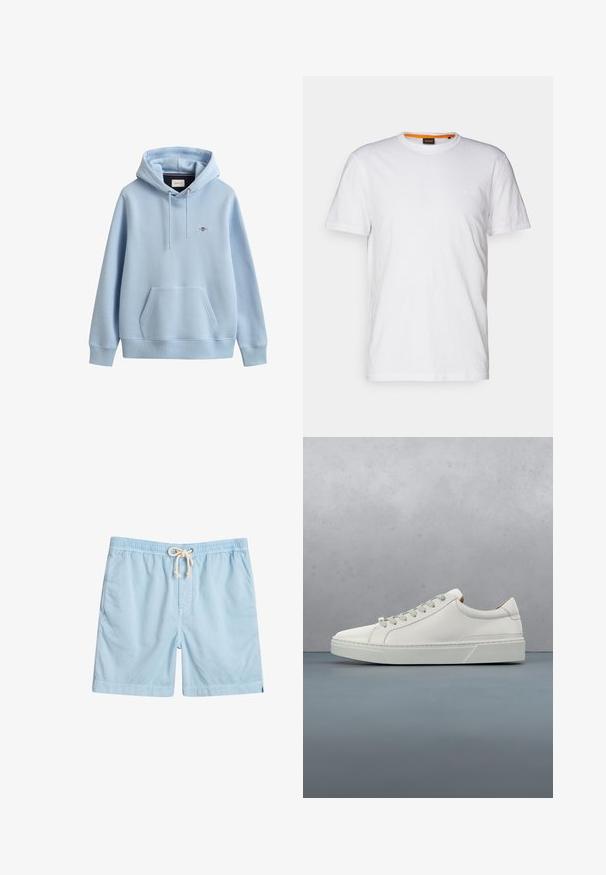 Sudadera con capucha azul claro con bolsillo frontal tipo canguro, capucha con cordón ajustable, puños y dobladillo acanalados y pequeño logo bordado en el pecho.; Camiseta de algodón blanca con cuello redondo, mangas cortas y un sutil logo en relieve en el pecho. La etiqueta interior tiene un acento naranja.; Bañador azul claro de tejido suave, con cintura elástica, bolsillos frontales y cordón de ajuste para mayor comodidad.; Zapatilla blanca de cuero con punta redondeada, diseño minimalista, cordones grises y suela de goma texturizada gris. Detalles de costura sutiles visibles.