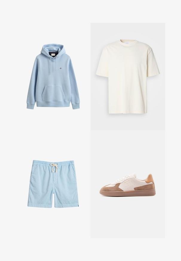 Hellblauer Hoodie mit Kängurutasche vorne, verstellbarem Kordelzug an der Kapuze, gerippten Bündchen und Saum sowie kleinem gesticktem Logo auf der Brust.; Ein einfarbiges, off-white T-Shirt mit kurzen Ärmeln und Rundhalsausschnitt, unisex Design, auf einem neutralen grauen Hintergrund präsentiert.; Helle blaue Badeshorts aus weichem Stoff, mit elastischem Bund, vorderen Taschen und einer verstellbaren Kordel.; Weißer und beige farbener Sneaker mit niedrigem Schaft, Wildleder-Akzenten, perforierten Seiten, weißen Schnürsenkeln und einer strukturierten Gummisohle, seitlich auf weißem Hintergrund dargestellt.