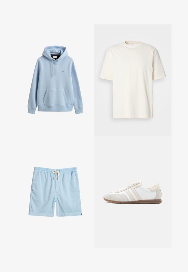Sudadera con capucha azul claro con bolsillo frontal tipo canguro, capucha con cordón ajustable, puños y dobladillo acanalados y pequeño logo bordado en el pecho.; Camiseta de cuello redondo de manga corta en color blanco roto, diseño unisex, exhibida sobre un fondo gris neutro.; Bañador azul claro de tejido suave, con cintura elástica, bolsillos frontales y cordón de ajuste para mayor comodidad.; Zapatilla de perfil bajo en blanco y beige con detalles en ante, cierre de cordones y suela de goma marrón, mostrada de lado sobre un fondo llano.