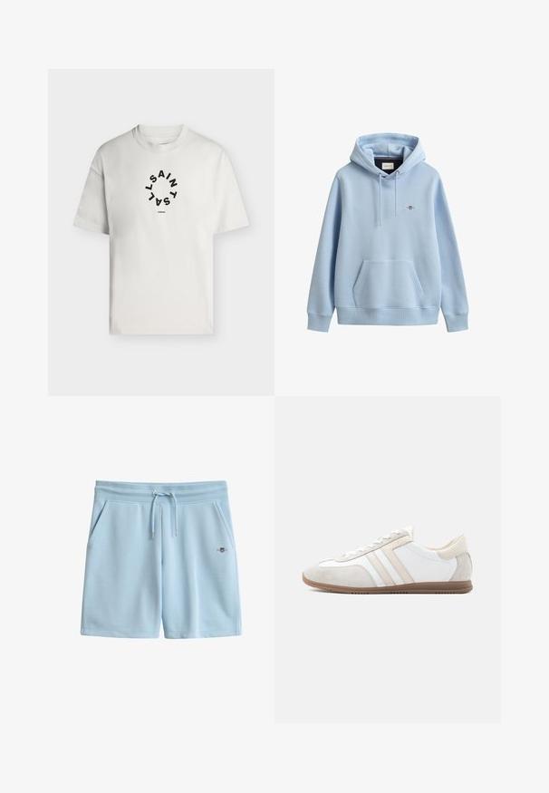 Hellblauer Hoodie mit Kängurutasche vorne, verstellbarem Kordelzug an der Kapuze, gerippten Bündchen und Saum sowie kleinem gesticktem Logo auf der Brust.; Weißes T-Shirt mit kurzen Ärmeln und rundem Halsausschnitt, mit schwarzem kreisförmigem Text "SAINT LAINT" und "LONDON" unter dem Kreis.; Hellblaue Baumwollshorts mit geripptem Bund, verstellbarem Kordelzug, seitlichen Taschen und kleinem besticktem Logo vorne rechts.; Schlichter weiß-beiger Sneaker mit Wildlederelementen, Schnürverschluss und brauner Gummisohle, Seitenansicht auf schlichtem Hintergrund gezeigt.