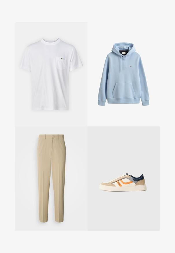 Sudadera con capucha azul claro con bolsillo frontal tipo canguro, capucha con cordón ajustable, puños y dobladillo acanalados y pequeño logo bordado en el pecho.; Camiseta de algodón blanca con escote redondo y mangas cortas. Cuenta con un bolsillo en el pecho izquierdo y un pequeño logo verde de Lacoste.; Pantalones de vestir beige con diseño de pierna recta, hechos de una tela suave, con frente plano y sin bolsillos visibles ni adornos.; Zapatilla baja en beige, blanco, naranja, gris y azul marino con detalles en ante, cordones delanteros, suela blanca y el logotipo "BOSS" en el lateral.