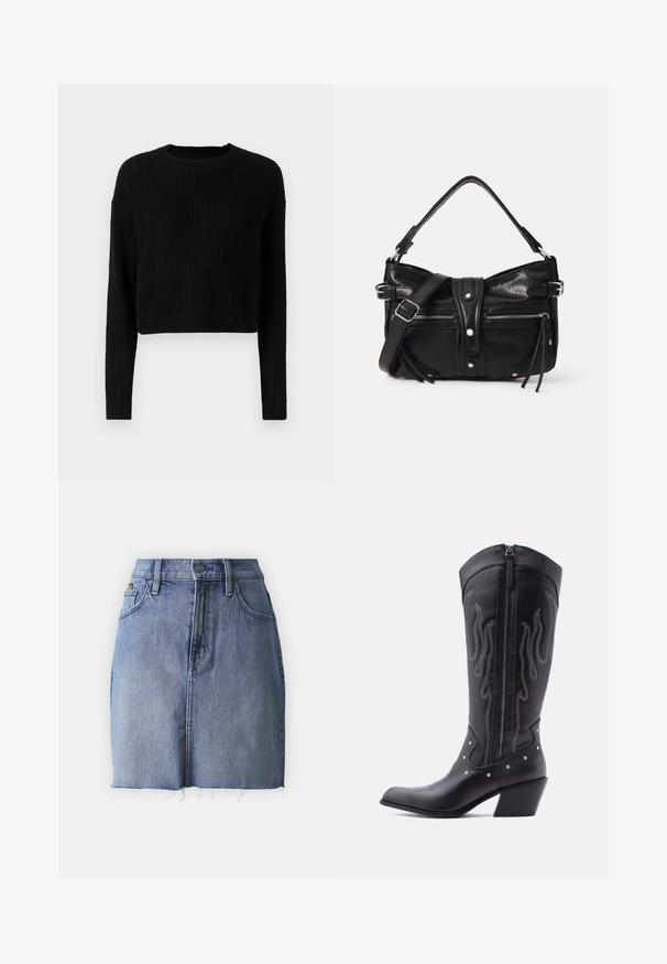 Sort cropped sweater med ribbet tekstur, lange ærmer og rund halsudskæring. Enkel design med minimal detaljer.; Denim mini skirt i falmet blå med en frynset kant, fem-lomme design og traditionel knaplukning. Cotton stof med let tekstur.; Sorte cowboystøvler i læder med spids tå, synlige sømme, sølvfarvede nitte-detaljer og lynlås på den indvendige side.; Even&Odd H24462 - Håndtasker - black