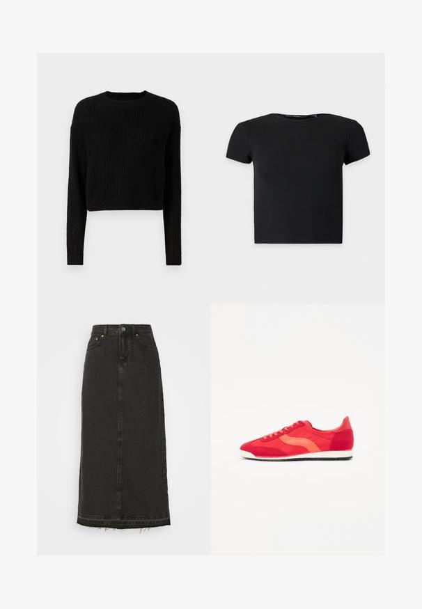 Musta lühike sviiter ribatekstuuriga, pikkade varrukatega ja ümarate kaelustega. Lihtne disain minimaalsete detailidega.; Must lühikeste varrukatega soonikkoes crop top ümarate kaelustega, esitatud lihtsal heledal taustal.; Musträpitud must denim midi seelik, millel on liibuv vöökoht, esiantiknapid ja rebitud ääred. Omab klassikalist viit taskut ja kerget tekstuuri.; Punane spordijalats oranžide aktsentidega, valmistatud naha ja sünteetiliste materjalide kombinatsioonist. Omab ümarat nina, tasaseid paelu ja tekstuuriga musta kummitalda.