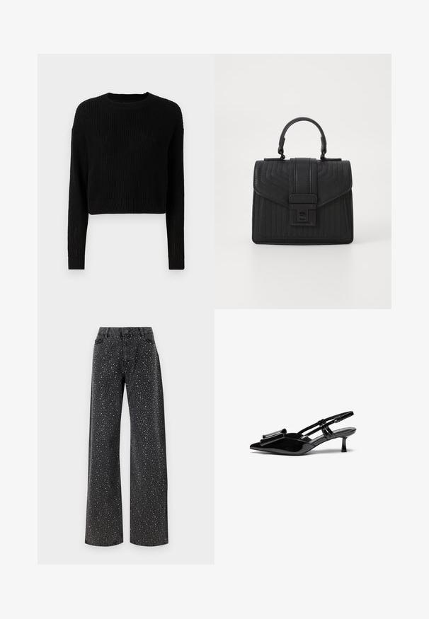 Sort cropped sweater med ribbet tekstur, lange ærmer og rund halsudskæring. Enkel design med minimal detaljer.; Noisy May Rhinestone - Jeans Relaxed Fit - black denim; Sorte patenterede læderslingbacks med spids tå, en sløjfedetalje foran og en lille stilettohæle. Remmene har justerbare spænder.; Sort læderhandtaske med kviltet tekstur, rektangulær form, topbærerhåndtag og en frontklap med en sølvfarvet spænde.