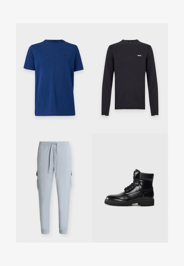 Chemise noire à manches longues en coton, avec un col rond et un logo blanc "BOSS" sur le côté gauche de la poitrine. Texture lisse, coupe ajustée.; T-shirt bleu à manches courtes en coton, avec un col rond et un petit logo noir sur le côté gauche de la poitrine. Texture lisse.; Pantalon de jogging gris clair avec taille élastique et cordon, avec poches cargo latérales et jambes fuselées avec poignets.; Bottine en cuir noir avec une finition brillante, design à lacets, col rembourré et semelle en caoutchouc robuste avec des grips de traction.
