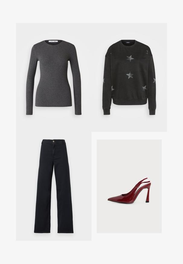 Sweat-shirt noir avec des motifs d'étoiles argentées, col rond et poignets côtelés. Fabriqué en tissu doux avec une coupe décontractée.; Haut à manches longues et col rond en gris foncé, fabriqué à partir d'un tissu côtelé avec une coupe ajustée, présentant une texture lisse et un minimalisme dans les détails.; Jean noir taille haute à jambes larges avec fermeture à boutons et fermeture éclair, poches avant visibles, étalé à plat sur un fond blanc.; Escarpin slingback rouge en cuir verni à talon haut, bout pointu et talon aiguille, présenté de profil sur fond blanc uni.