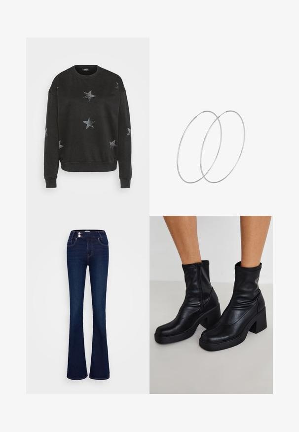Sort sweatshirt med sølvstjerne mønstre, rund halsudskæring og ribbede manchetter. Fremstillet af blød stof med afslappet pasform.; Mørkeblå jeans med vidde, lavet af denim, med høj talje, to forlommer og lynlås- og knaplukning med kontrastsyning.; Sorte læder ankelstøvler med en høj blokhæl, der har en sidelukning, glat overflade og en spidse tå-design.; Sølvøreringe med et minimalistisk design. Cirkulær form, glat tekstur og tynd profil. Letvægtige med en poleret overflade.