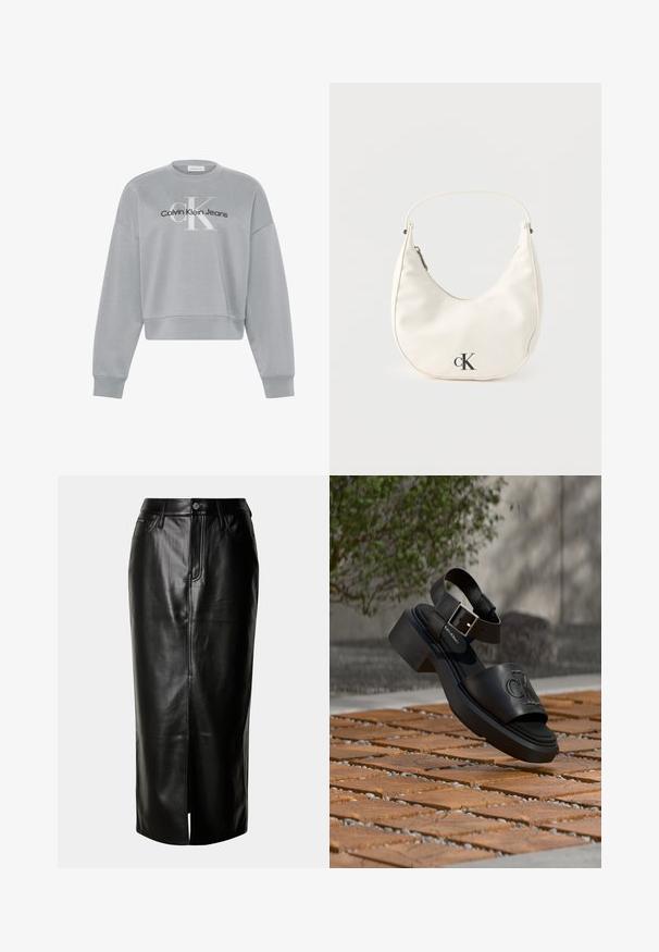 Svetlosivá orezaná mikina s dlhými rukávmi, s bielym logom "cK" a čiernym logom "Calvin Klein Jeans" umiestneným v strede prednej strany.; Čierna kožená midi sukňa so striedmym strihom, predným rozparkom a klasickým dizajnom s piatimi vreckami a kovovými detailmi.; Čierna kožená sandála Calvin Klein s remienkom okolo členka a prackou vznášajúca sa nad vonkajšou drevenou a kamennou dlažbou.; Malá biela kabelka v tvare polmesiaca s krátkym remienkom, zapínaním na zips a čiernym logom "cK" na prednej strane.