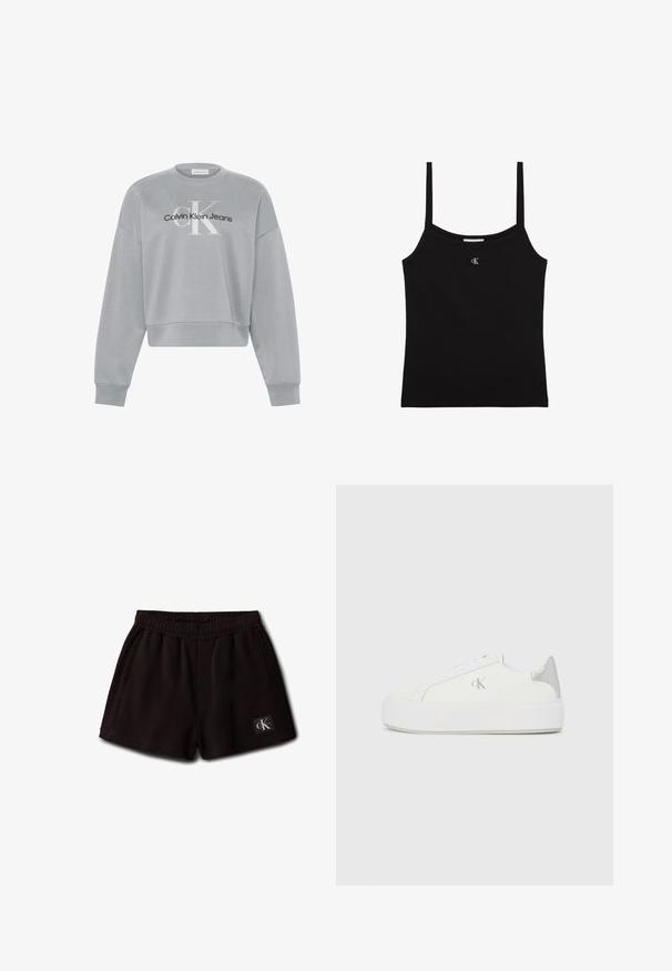 Hellgraues, kurz geschnittenes Sweatshirt mit langen Ärmeln, auf der Vorderseite mittig mit weißem "cK" und schwarzem "Calvin Klein Jeans" Logo.; Schwarzes kurzes Tanktop mit dünnen Schulterträgern und einem kleinen silbernen CK-Logo, zentriert unterhalb des Halsausschnitts.; Schwarze elastische Shorts mit Seitentaschen und einem kleinen Calvin Klein Logo-Patch vorne unten links.; Weiße Leinensneaker mit einer dicken weißen Sohle, die ein metallisch silbernes Detail an der Ferse und ein dezentes Logo auf der Seite aufweisen.