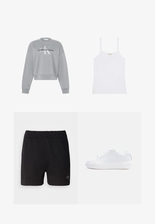Lichtgrijs cropped sweatshirt met lange mouwen, met wit "cK" en zwart "Calvin Klein Jeans" logo gecentreerd aan de voorkant.; Witte Calvin Klein damestanktop met dunne schouderbandjes en een simpel, aansluitend ontwerp.; Zwarte katoenen shorts met een elastische tailleband en het Calvin Klein-logo in zilver in de rechteronderhoek. Gladde textuur.; Witte lage sneaker met vetersluiting, dikke zool en glad bovenwerk, gezien vanaf de buitenkant tegen een effen lichte achtergrond.