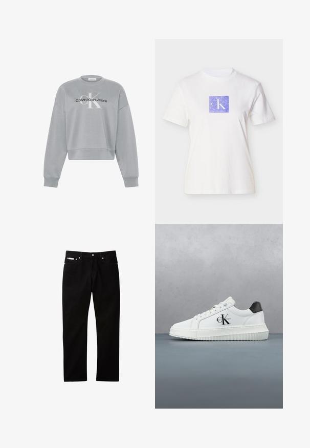 Lichtgrijs cropped sweatshirt met lange mouwen, met wit "cK" en zwart "Calvin Klein Jeans" logo gecentreerd aan de voorkant.; Wit katoenen T-shirt met een paars vierkant ontwerp met daarin de letters "CK" in een lichte tint. Korte mouwen en een ronde hals.; Zwarte denim jeans met een rechte pijp, voorzien van een knoop- en ritssluiting, vijf zakken en een klein logovlaggetje op de tailleband.; Witte lage sneaker met zwarte hiel tab, plateauzool, veters en Calvin Klein "CK" logo aan de zijkant.