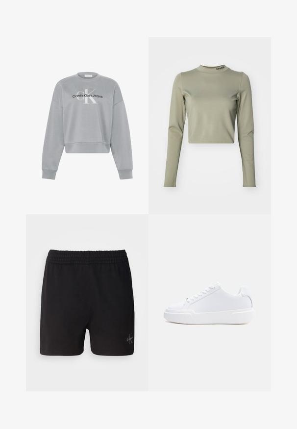 Lysegrå cropped sweatshirt med lange ærmer, der har hvid "cK" og sort "Calvin Klein Jeans" logo centreret på forsiden.; Besluttede langærmede top i lys olivengrøn, lavet af glat strækstof, med høj halsudskæring og et Calvin Klein-logo ved kraven.; Sorte bomuldsshorts med elastisk talje og Calvin Klein-logo i sølv i nederste højre hjørne. Glat tekstur.; Hvid lavtop-sneaker med snørelukning, tyk sål og glat overdel, vist fra ydersiden mod en ensartet lys baggrund.