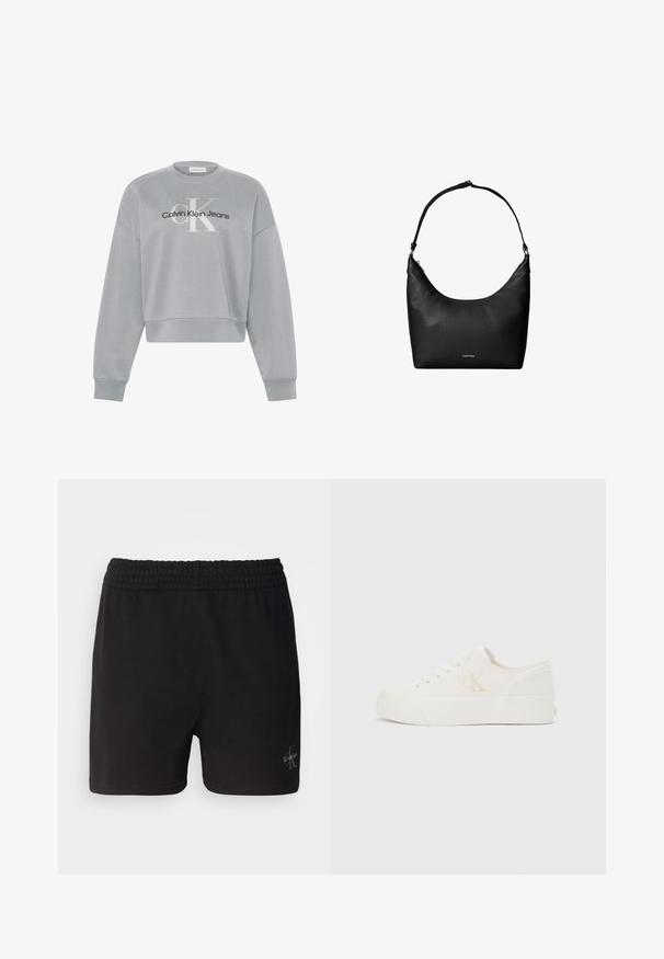 Lichtgrijs cropped sweatshirt met lange mouwen, met wit "cK" en zwart "Calvin Klein Jeans" logo gecentreerd aan de voorkant.; Zwarte katoenen shorts met een elastische tailleband en het Calvin Klein-logo in zilver in de rechteronderhoek. Gladde textuur.; Witte lage sneaker met dikke zool en zijkant "cK" logo, veters aan de voorkant en minimalistisch ontwerp op een neutrale achtergrond.; Zwarte gestructureerde leren schoudertas met een enkele riem en een klein Calvin Klein-logo aan de voorkant in het midden.