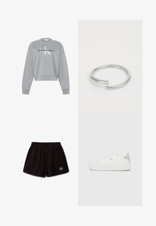 Sweat-shirt court gris clair à manches longues avec le logo blanc "cK" et le logo noir "Calvin Klein Jeans" centré sur le devant.; Shorts noirs à taille élastique avec poches latérales et un petit logo Calvin Klein sur l'avant en bas à gauche.; Baskets en toile blanches avec une semelle blanche épaisse, présentant un accent argent métallique au niveau du talon et un subtil logo sur le côté.; Calvin Klein SPIRAL - Bracelet - silver-coloured