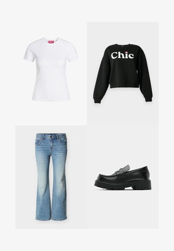 Zwarte sweatshirt met lange mouwen, witte tekst "Chic" en een klein roze hartje boven de letter "i" op de voorkant.; Witte, nauwsluitende T-shirt met korte mouwen en ronde hals, met een roze JJXX-label aan de binnenkant van de kraag, afgebeeld tegen een effen achtergrond.; Lichtblauwe wijde spijkerbroek van denim, met een klassiek ontwerp met vijf zakken, knoopsluiting en geleidelijke vervaging richting de zoom.; Zwarte leren instappers met een chunky, gestructureerde zool, voorzien van een band over de voet en een gladde, gepolijste afwerking.