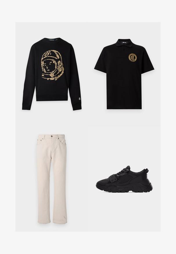 Sort langærmet sweatshirt med stort beige og sort leopardprint astronaut hjelm grafik på forsiden og lille logo på venstre ærmekant.; Sort kortærmet polo med krave og to-knaps lukning, med en guldfarvet cirkulær Just Cavalli-logo på brystet.; Beige denim jeans med lige skæring, der har fem lommer, en knaplukning og diskrete syningss detaljer ved sømmene.; Sort chunky sneaker med mesh- og læderpaneler, tyk tekstureret sål, snørelukning foran og en strop med metalnitter over snørebåndene.