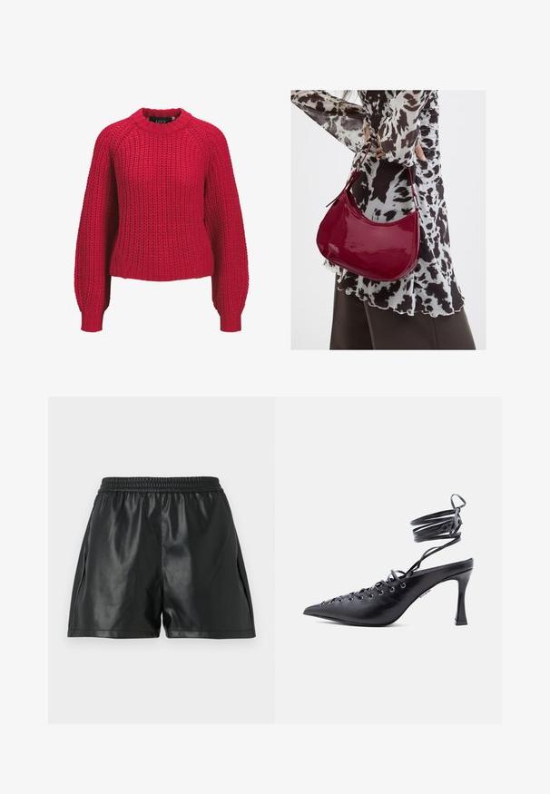Rød chunky strikket sweater med lange ballonærmer og ribbet rund halsudskæring og manchetter, vist forfra på en hvid baggrund.; Sorte shorts i kunstlæder med elastisk talje, der har en glat tekstur og løs pasform. Ingen synlige mønstre eller detaljer.; Sort spids tå højhælet sko med omsluttende ankelremme og flere snørehuller foran til snøring.; Kvinde iført en sort- og hvidmønstret bluse, der holder en blank rød skuldertaske mod en ensfarvet baggrund.