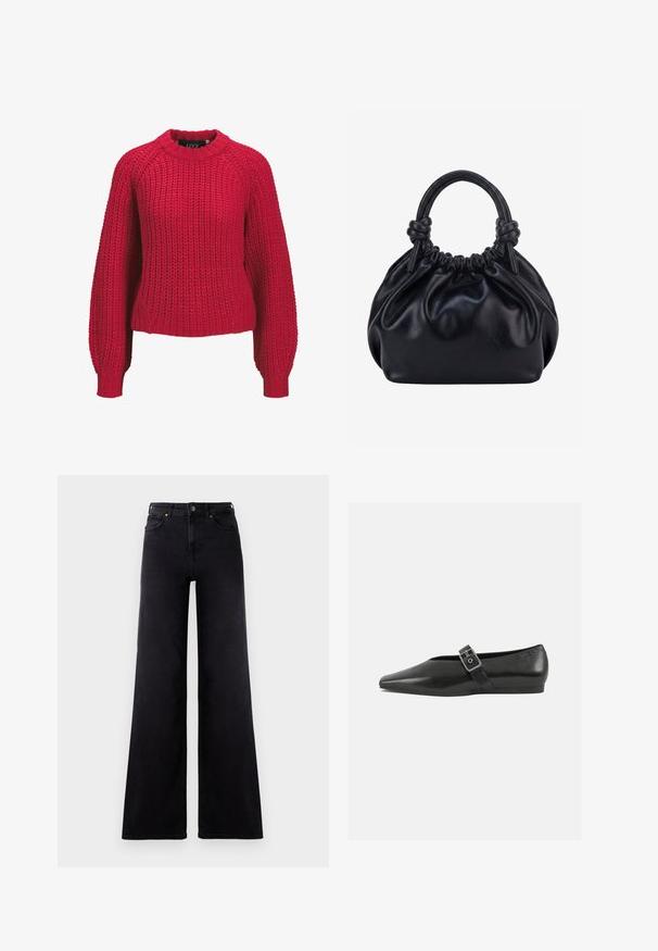Rød chunky strikket sweater med lange ballonærmer og ribbet rund halsudskæring og manchetter, vist forfra på en hvid baggrund.; Højtaljede sorte wide-leg jeans med frontlommer, bælteløkker og knappelukning.; Sorte læder flade sko med spidse tæer, prydet med en metallisk spænde over vristen og en lav, fleksibel sål.; Sort blød læderhåndtaske med samlet top og to tykke håndtag bundet i knuder mod en ensfarvet lys baggrund.