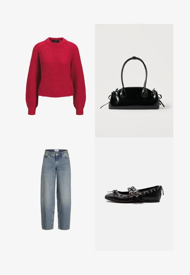 Roter grob gestrickter Pullover mit langen Ballonärmeln und geripptem Rundhalsausschnitt sowie Bündchen, Vorderansicht auf weißem Hintergrund.; Hellblaue, lässig geschnittene Jeans mit hoher Taille, aus Denimstoff. Verfügt über fünf Taschen und einen klassischen Knopf-und-Reißverschluss.; Schwarzer flacher Ballettschuh mit doppelten Schnallenriemen, silbernen Ösen und einer kleinen Schleife nahe der abgerundeten Spitze auf weißem Hintergrund.; Kleine schwarze glänzende Handtasche mit zwei langen Griffen und seitlichen Kordelzug-Details vor einfachem hellem Hintergrund.
