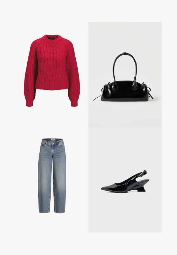 Rød chunky strikket sweater med lange ballonærmer og ribbet rund halsudskæring og manchetter, vist forfra på en hvid baggrund.; Lyseblå, løstsiddende jeans med høj talje, lavet af denimstof. Har fem lommer og en traditionel lukning med knap og lynlås.; Sort laklæder slingback sko med spids tå og lav vinklet blokhæl på ensartet lys baggrund.; Lille sort blank håndtaske med to lange håndtag og snøre-detaljer i siden på en ensfarvet lys baggrund.
