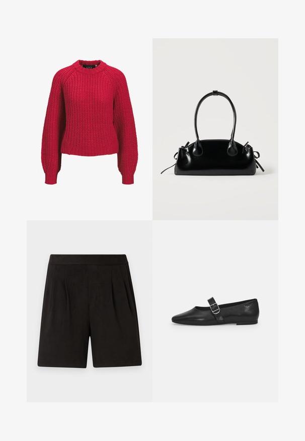 Roter grob gestrickter Pullover mit langen Ballonärmeln und geripptem Rundhalsausschnitt sowie Bündchen, Vorderansicht auf weißem Hintergrund.; Schwarze Shorts aus weichem Stoff mit einer glatten Textur, elastischem Bund und gefaltetem Vorderdesign. Einfach und schmucklos.; Schwarzer Lederflatschuh mit runder Zehenform, einem verstellbaren Schnallenriemen und einer glatten, glänzenden Oberfläche. Minimalistisches Design mit einem niedrigen Absatz.; Kleine schwarze glänzende Handtasche mit zwei langen Griffen und seitlichen Kordelzug-Details vor einfachem hellem Hintergrund.