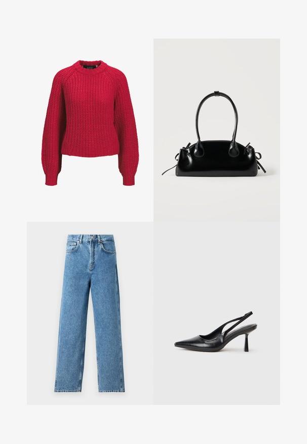 Rød chunky strikket sweater med lange ballonærmer og ribbet rund halsudskæring og manchetter, vist forfra på en hvid baggrund.; Lysblå lige ben jeans lavet af denim, med høj talje, frontknaplukning og fem-lomme design med synlige sømme.; Sort læderslagback højhælet sko med spids tå og slank hæl på en hvid baggrund.; Lille sort blank håndtaske med to lange håndtag og snøre-detaljer i siden på en ensfarvet lys baggrund.
