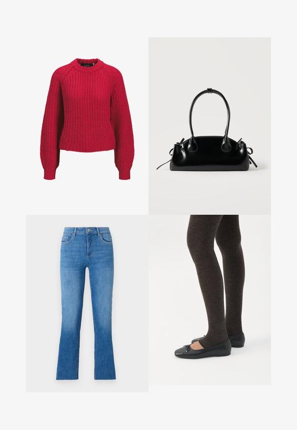 Rød chunky strikket sweater med lange ballonærmer og ribbet rund halsudskæring og manchetter, vist forfra på en hvid baggrund.; Blå denimjeans med en bred bukseben, der har en mellemhøj talje, fem lommer og en klassisk sølvknaplukning. Glat tekstur.; Ben iført mørke ribbede leggings kombineret med sorte balletsko med små sløjfedetaljer på hvid baggrund.; Lille sort blank håndtaske med to lange håndtag og snøre-detaljer i siden på en ensfarvet lys baggrund.