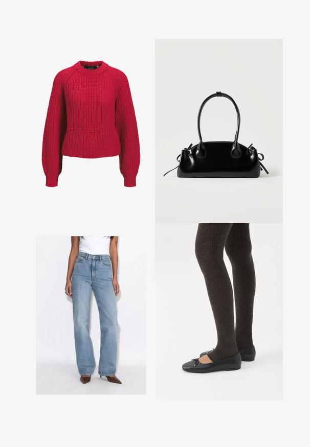 Roter grob gestrickter Pullover mit langen Ballonärmeln und geripptem Rundhalsausschnitt sowie Bündchen, Vorderansicht auf weißem Hintergrund.; Frau trägt hellblaue High-Waist-Jeans mit geradem Bein, weißes ärmelloses Oberteil und braune spitze Absätze, steht vor weißem Hintergrund.; Beine in dunklen, gerippten Leggings kombiniert mit schwarzen Ballerinas mit kleinen Schleifendetails auf weißem Hintergrund.; Kleine schwarze glänzende Handtasche mit zwei langen Griffen und seitlichen Kordelzug-Details vor einfachem hellem Hintergrund.
