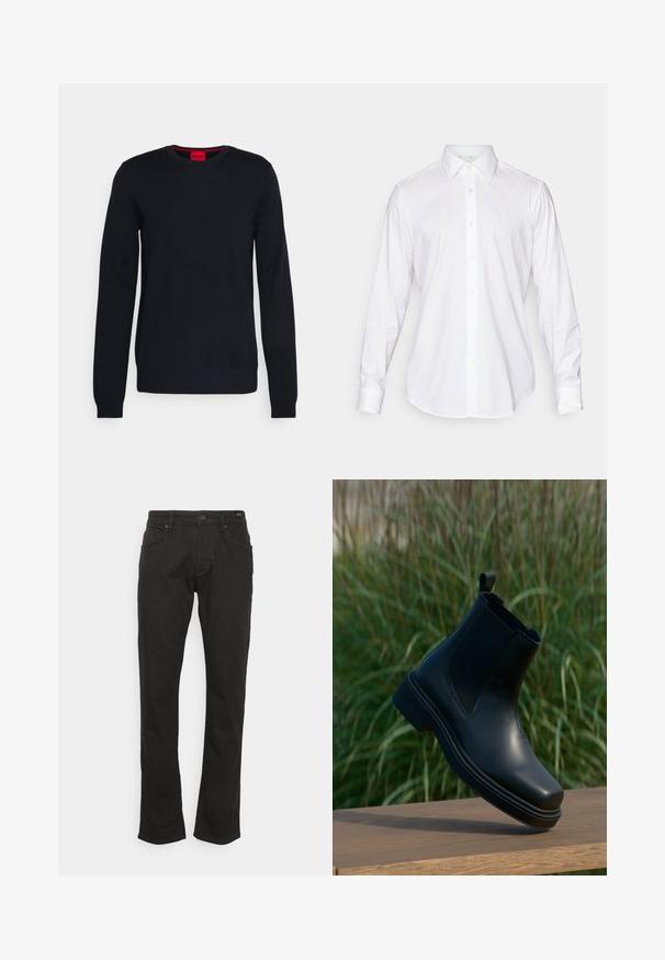 HUGO SAN CEDRIC - Trui - navy; Witte lange mouw knoopshirt met een klassieke kraag, een gladde stof en een voorpaneel met lichte, ronde knopen.; JOOP! Jeans MITCH - Straight leg jeans - black; Zwarte leren Chelsea-boot met elastische zijkanten, ronde neus, lage hak en een lussen achteraan, tegen een vage groene achtergrond.