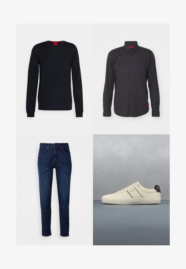 HUGO SAN CEDRIC - Trui - navy; Zwarte langemdje shirt van katoen, met een puntige kraag, knopen aan de voorkant, en een rode accenten aan de binnenkant van de kraag. Textuurstof zonder patronen.; Donkerblauwe denim jeans met een rechte pijpdesign, voorzien van zakken en een knoopsluiting bij de taille. Zachte textuur, minimale vervagingdetails.; Crème-kleurige sneakers met een gladde textuur, voorzien van zwarte accenten en branding. Tijdloos vetersysteem met een ronde neus en rubberen zool.